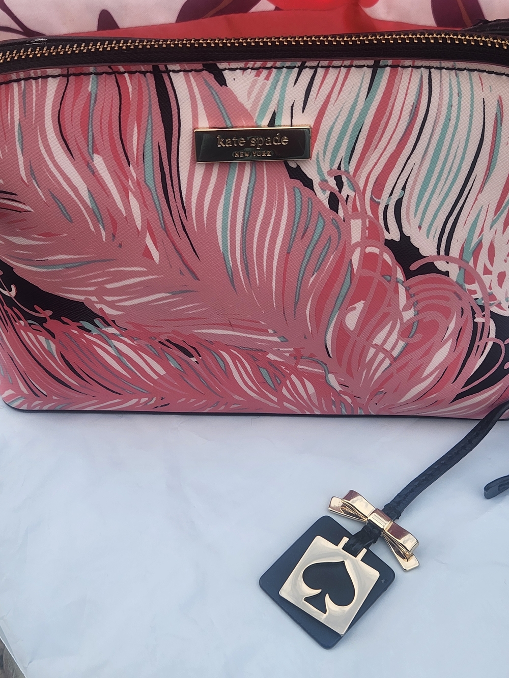 Kate Spade Pink and Black Feather Print Crossbody Bag W Kate Spade Bag Charm EUC - Picture 2 of 15